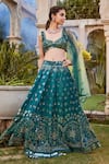 Buy_Mehak Murpana_Blue Silk, Net, Denim Embroidery, Mirrors Geometric Bridal Lehenga Set _at_Aza_Fashions