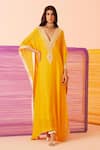 Buy_Sureena Chowdhri_Yellow Muslin Embroidered Dori Deep V Neck Yoke Kaftan_at_Aza_Fashions
