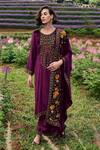 Buy_Label Varsha_Purple Velvet Embroidered Parsi Round Placed Kurta Set_at_Aza_Fashions