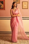 Buy_Zoon_Pink Saree 100% Silk Organza Embroidery Aari Scallop V Neck Hand With Blouse _at_Aza_Fashions