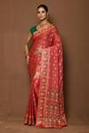 Buy_Samyukta Singhania_Peach Georgette Woven Floral Bouquet Saree _at_Aza_Fashions