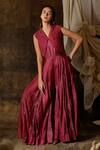 Buy_Eclat By Prerika Jalan_Wine Mohair, Organza Pearls, Sequins V-neck Embroidered Jumpsuit With Jacket _at_Aza_Fashions