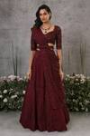 Buy_Pritika Vora_Maroon Lehenga  Organza Silk Embroidered Thread V Neck Bridal Set With Belt _at_Aza_Fashions