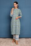 Buy_Pheeta_Blue Cotton Printed Flower Mandarin Collar Kurta And Pant Set _at_Aza_Fashions