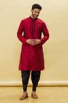 Buy_Samyukta Singhania_Maroon Silk Embroidered Thread Work Leaf Kurta Set _at_Aza_Fashions