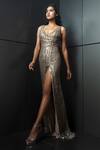 Buy_Rohit Gandhi + Rahul Khanna_Gold Tulle Sequins, Crystals Plunge Neck Arella Linear Embellished Gown _at_Aza_Fashions