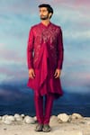 Buy_Rohit Gandhi + Rahul Khanna_Red Viscose, Satin, Chanderi Canyon Floral Embellished Bandhgala Kurta Set _at_Aza_Fashions