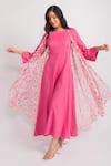 Buy_AROOP SHOP INDIA_Pink Recycled Chiffon Printed Floral Round Solid Jumpsuit With Cape _at_Aza_Fashions