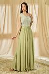 Shop_Ariyana By Aza_Green Crepe, Net Embroidery V-neck Anarkali Palazzo Set _Online_at_Aza_Fashions