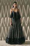 Buy_Rohit Gandhi + Rahul Khanna_Blue Tulle Crystals Plunge Neck Crest Embellished Blouse _at_Aza_Fashions