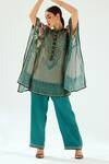 Buy_Rajdeep Ranawat_Green Silk Geometric Band Collar Majnu Poncho Tunic _at_Aza_Fashions