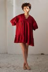 Buy_Kharakapas_Red Mul Cotton V Neck Tiered Ruffle Dress  _at_Aza_Fashions