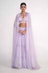 Buy_Merge Design_Purple Georgette, Chiffon Pearls, Embroidery Plunge Neck Ring Cape Lehenga Set _at_Aza_Fashions