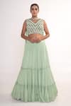 Buy_Merge Design_Green Chiffon, Crepe Sequins, Piping V-neck Tiered Lehenga Set _at_Aza_Fashions