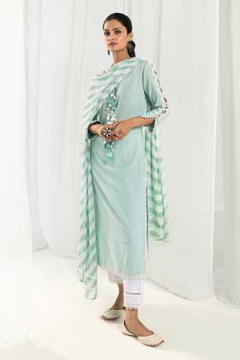 Buy_Roze_Blue Cotton, Chiffon Embroidery, Lace, Tassels Eden Sleeve Embellished Kurta Set _at_Aza_Fashions
