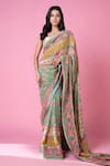 Shop_Siddhartha Bansal_Green Pure Crepe Embroidered Royal Print Saree With Sleeveless Blouse  _at_Aza_Fashions
