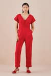 Buy_Chandrima_Red Faux Suede Floral V Neck Quilted Jumpsuit _at_Aza_Fashions