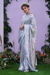 Buy_Pooja Bagaria_Silver Silk, Spandex Diamonds, Sequins Pre-draped Embellished Saree With Blouse_at_Aza_Fashions