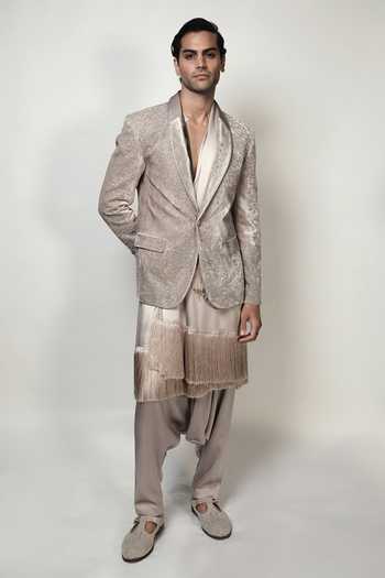Buy_Rohit Gandhi + Rahul Khanna_Purple Satin Fringe Tassel Wrap Kurta _at_Aza_Fashions