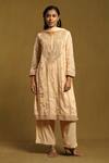 Buy_Ritu Kumar_Beige Cotton Satin Embroidery Round Neck Kurta Palazzo Set_at_Aza_Fashions