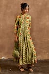 Buy_Label Kinjal Modi_Green Cotton Silk Printed Floral High Neck Collar Tunic And Pant Set _at_Aza_Fashions