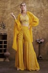 Buy_AFFROZ_Yellow Georgette Jacquard Embroidered Chaval Taka Asymmetric Jacket Sharara Set _at_Aza_Fashions