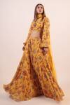 Buy_Label Shristi Chetani_Yellow Crepe, Georgette Beads V-neck Floral Pattern Lehenga Set _at_Aza_Fashions
