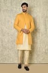 Buy_Aryavir Malhotra_Beige Bandhgala Cotton Linen Plain Asymmetric Layered Set _at_Aza_Fashions