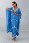 Buy_Devnaagri_Blue Muslin Embroidered Dori And Thread Work V Neck Floral Kaftan & Pant Set _at_Aza_Fashions