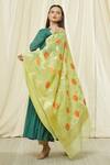 Naintara Bajaj_Green Cotton, Silk Fringe, Embroidery Floral Motif Pattern Dupatta _Online_at_Aza_Fashions