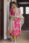 Buy_Rajiramniq_Fuchsia Kurta Silk Printed And Embroidered Floral Deep V Neck Set _at_Aza_Fashions