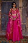 Buy_Shikha Mehta_Fuchsia Blouse  Silk Chanderi Embroidered Thread V Neck Raw Lehenga Set _at_Aza_Fashions