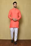 Buy_Aryavir Malhotra_Coral Cotton Silk Plain Solid Straight Kurta Set _at_Aza_Fashions