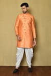 Buy_Arihant Rai Sinha_Orange Fancy Jaquard Woven Floral Side Overlap Panel Sherwani And Patiala  _at_Aza_Fashions