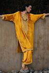 Buy_Label Varsha_Yellow Velvet Embroidery Round Neck Floral Scatter Phiran Pant Set_at_Aza_Fashions