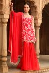 Buy_Dheeru Taneja_Red Crepe Printed Floral Scoop Neck Samrina Kurta Sharara Set  _at_Aza_Fashions