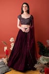 Buy_LABEL SHRISTI CHETANI_Wine Crepe Hand Embroidered Sweetheart Neck Pleated Lehenga Set _at_Aza_Fashions