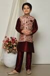 Buy_Petite Pomme_Wine Brocade, Silk Embroidery Blooming Floral Print Jacket Kurta Set _at_Aza_Fashions