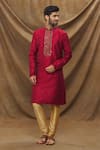 Buy_Samyukta Singhania_Maroon Kurta Jacquard Banarasi Brocade Floral Pattern And Churidar Set _at_Aza_Fashions