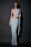 Buy_Itrh_Silver Net Embellished Plunge V Neck Pre-draped Saree With Blouse  _at_Aza_Fashions