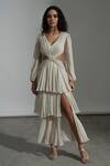 Buy_Amrta By Guneet Kondal_Off White Viscose, Chiffon V-neck Tiered Maxi Dress _at_Aza_Fashions
