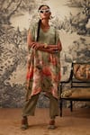 Buy_Kalista_Green Viscose Satin Printed Botanical V Neck Daisey Kaftan And Pant Set _at_Aza_Fashions