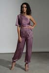 Buy_AMRTA by GUNEET KONDAL_Purple Viscose Asymmetric Soho Handmade Knotted Top And Pant Set _at_Aza_Fashions