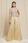 Buy_Izzumi Mehta_Beige Crepe Embroidered Mirror Round Top And Palazzo Set _at_Aza_Fashions