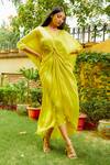 Buy_Omana By Ranjana Bothra_Yellow Satin Sequins V-neck Knotty Draped Kaftan _at_Aza_Fashions