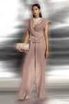 Buy_Abhishek Sharma_Pink Net, Crepe, Organza Embroidery Plunge Neck Draped Top And Flared Pant Set _at_Aza_Fashions