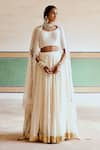 Buy_KARAJ JAIPUR_Cream Blouse And Dupatta- Georgette Embroidery Thread Round Lehenga Set  _at_Aza_Fashions