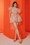 Buy_July Issue_Peach Organza, Crepe Sweetheart Neck Edna Floral Pattern Dress _at_Aza_Fashions