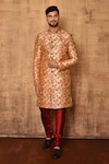 Buy_Aryavir Malhotra_Maroon Sherwani Art Silk And Jacquard Floral Pattern Set_at_Aza_Fashions