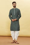 Buy_Arihant Rai Sinha_Green Silk Leaf Floral Pattern Kurta And Dhoti Pant Set _at_Aza_Fashions